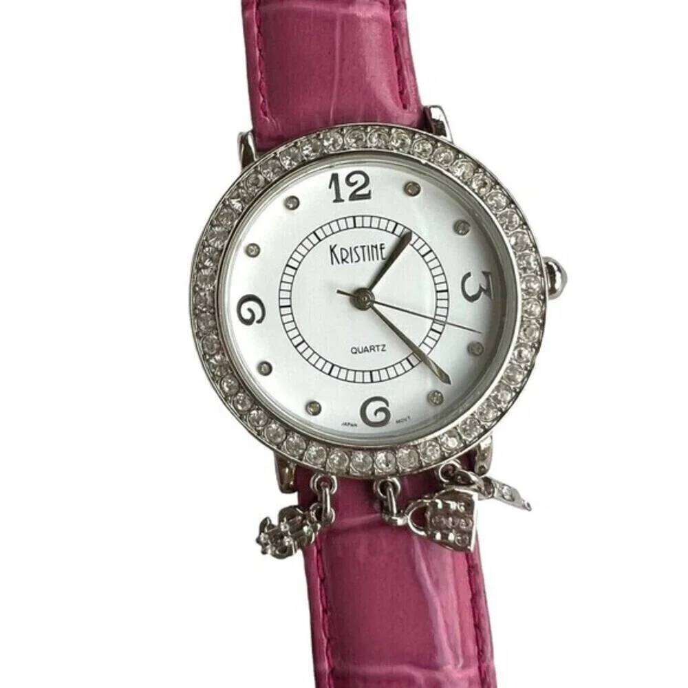 Kristine Women's Quartz Wrist Watch Rhinestone/Charms Pink Japan Movement 7.5 in